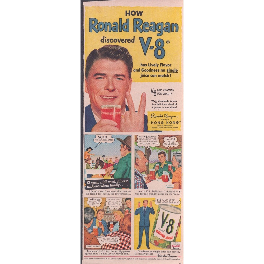 Vintage 1952 V8 Vegetable Juice Print Ad Ronald Reagan Hong Kong Movie VG 5x12.7